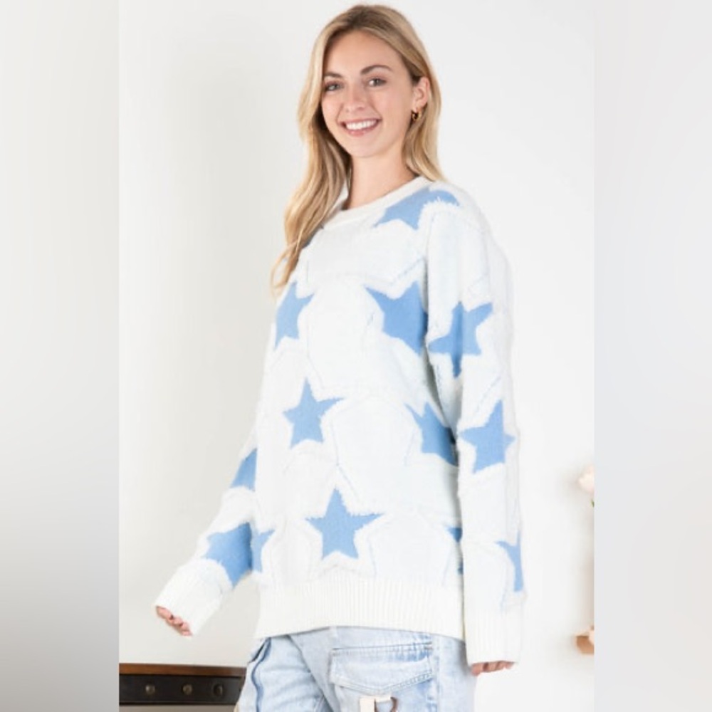 Blue Velvet Fuzzy Blue Star Pull Over Sweater With Pockets
